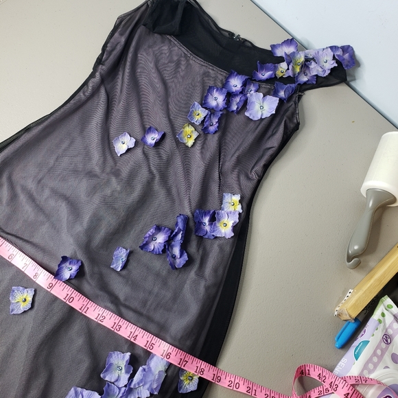 Tadashi for Cache Maxi Dress 90's Y2K Vtg Mesh Applique 3D Pansies Column Whims - Picture 11 of 17